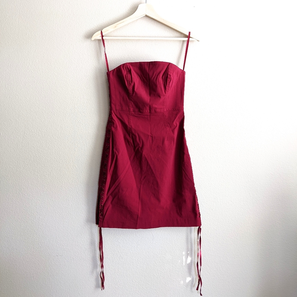 Express Women's Strapless Lace Up Bodycon Mini Dress Burgundy Size 4 Pre-Owned‎